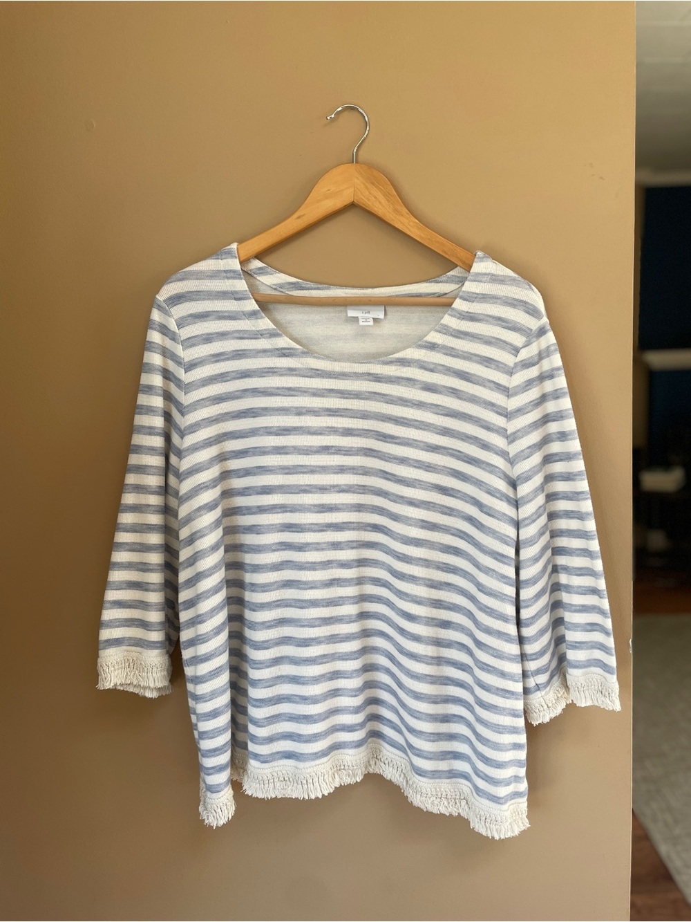 J Jill Pullover Striped Sweater Tassel Fringe Top Size 1X Beachy Boho Cotton